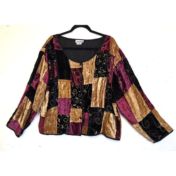 Marisol Tops - Marisol Patchwork Velour Jacket Top PLUS Sz 2X Embroidered *FLAW Boho Hippie 90s